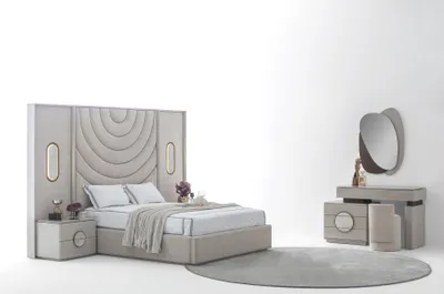 Zdjęcie produktu dla Komplet do sypialni w nowoczesnym, beżowym stylu: łóżko, szafa, toaletka