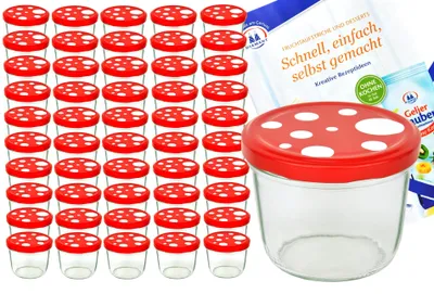 Image de lot de 50 pots 230 ml To 82 Fliegenpilz Couvercle rouge blanc à pois avec livret de recettes Gelierzauber