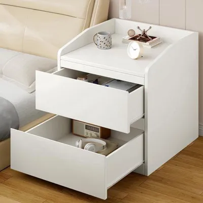 Obrázek produktu pro Noční stolek - Moderní přistavovací stolek se dvěma zásuvkami - Nábytek do ložnice - Bílá barva - Materiál: MDF