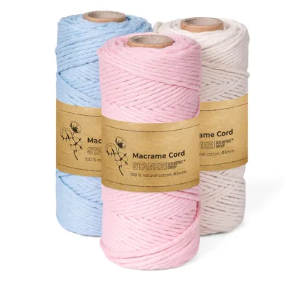 Produktbild von STANKE Makramee Garn 3mm Set 3x100 m - Farben: Hellblau, Rosa, Natur - Baumwollgarn für Boho-DIY, Körbchen, Traumfänger - Baumwollkordel für Untersetzer, Taschen - 100% Baumwolle, gedreht, weich