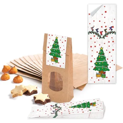 Produktbild von Logbuch-Verlag 100 braune Weihnachtstüten m. Fenster u. Folieneinlage + Weihnachtsaufkleber Weihnachtsplätzchen lebensmittelechte Verpackung Gebäck Pralinen Tee KaffeeWeihnachtsbaum / 10 Stück