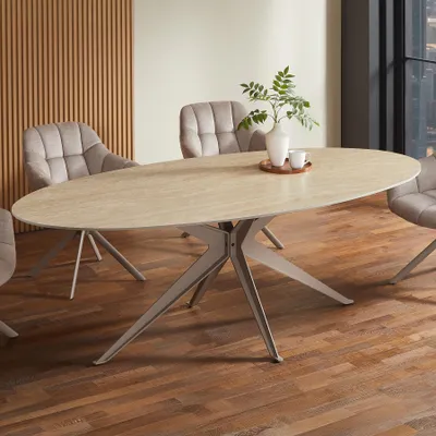 Produktbild von riess-ambiente Ovaler Esstisch SCULPTURE 220cm natur champagner greige Travertin Keramik Sterngestell 10 Personen