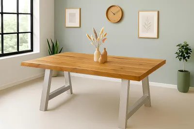 Produktbild von Esstisch Baumkante Akazie massiv 50mm Natur 280 x 100 cm A-Gestell silber CALI