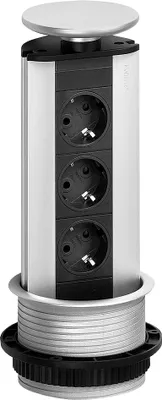 A pop-up power strip with three outlets, designed to be installed in a desk or countertop.
