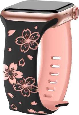 Image de Bracelet pour Apple Watch 38mm-40mm-41mm Series 9 8 SE 7 6 5 4 3 2 1 / 42mm (Serie 10/11) Silicone Noir/Rose Motif Fleur