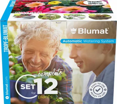 The image shows the packaging of a Tropf Blumat Set 12 automatic watering system, featuring a smiling older man and a boy tending to plants.