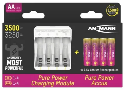 Productafbeelding van Ansmann Pure Power set, oplader inclusief 4x Mignon AA 1,5V Li-Ion oplaadbare batterijen, inclusief USB-C oplaadkabel
