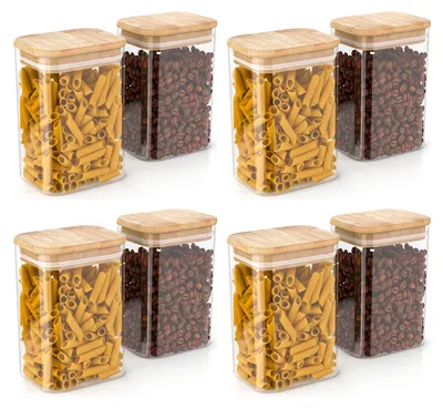 Produktbild von Arendo Vorratsgläser mit Bambusdeckel 8 x 1200 ml, luftdicht mit Silikondichtung, rechteckige Glasbehälter aus Borosilikatglas von -40 bis 400 °C, 8 Stück, transparent