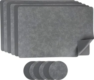 Produktbild von 6 Stück Platzset Kunstleder, Tischunterlage 45x30cm, Platzdeckchen Modern, 6er Set inklusive Glasuntersetzer (Grau)