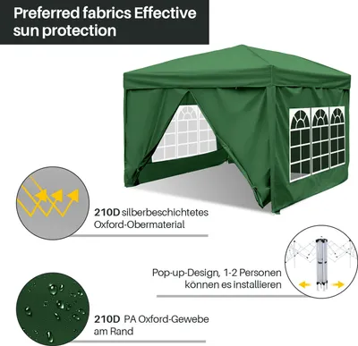 Obrázok produktu pre Aopunly altánok skladací altánok 3x3m zelený s bočnými stenami párty stan UV ochrana výškovo nastaviteľný s taškou na prenášanie, pre vonkajšie záhradné kempovanie