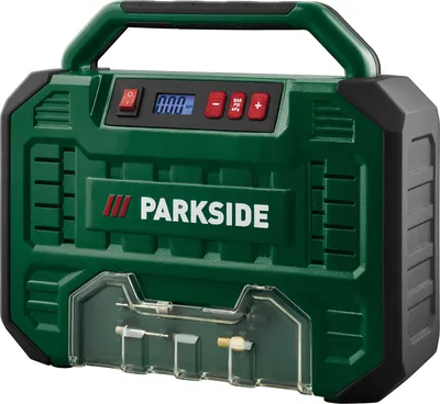 A green portable compressor with a digital display and controls.