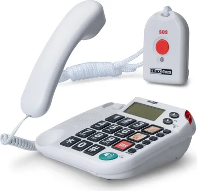 Obrázek produktu pro MaxCom KXT481SOS: Telefon pro seniory s bezdrátovým nouzovým vysílačem, pevný telefon s nouzovým tlačítkem, velkými tlačítky a adaptérem; extra hlasitý, kompatibilní se sluchadly