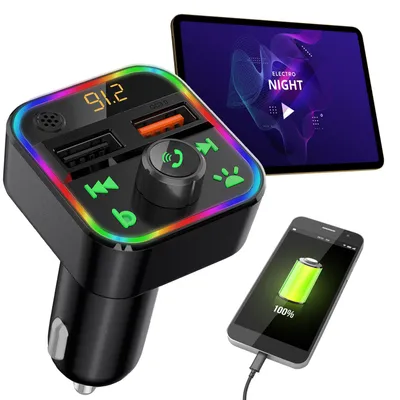 Produktbild von FM Transmitter mit Bluetooth 5, USB-A Ladeports und Freisprechfunktion, Drahtloser Auto Radio Adapter m. Media Player für den Zigarettenanzünderanschl