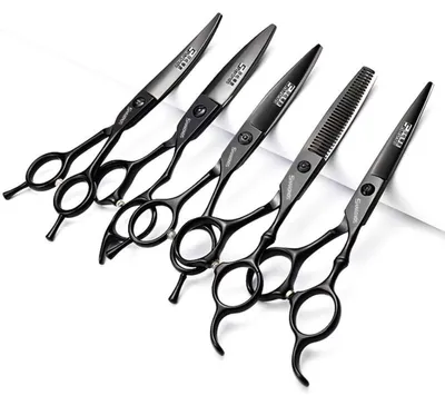 Immagine prodotto di Forbici da parrucchiere nere, disponibili nelle misure 6/6.5/7 pollici, realizzate in acciaio inossidabile 440C, ideali per taglio e sfoltimento dei capelli. Confezione da 5 pezzi