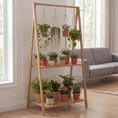 Produktbild von Bambus Pflanzenregal MCW-Q32, Blumentreppe Pflanzentreppe Badregal, Stange 2 Ablagen 130x70x44cm  natur