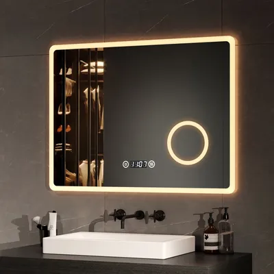 Produktbild von EMKE Badezimmerspiegel LED Badspiegel Wandspiegel 80x60cm mit Touch-Schalter Vergrößerung Schminkspiegel 3 Lichtfarben und Beschlagfrei Uhr