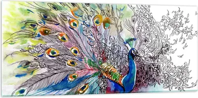 Produktbild von Bilder auf glas - Pfau Feder Farbe - 120x50cm - Glasbilder - Wandbilder - Kunstdruck - zum Aufhängen bereit - Wanddekoration aus Glas - Glas Bilder - Wandbild auf Glas - Einteilig - GAB120x50-3556