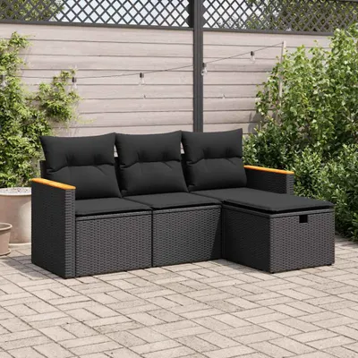 Produktbild von 4-tlg. Garten-Sofagarnitur mit Kissen Schwarz Poly Rattan