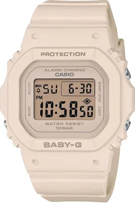 A studio shot of a beige Casio Baby-G digital watch.