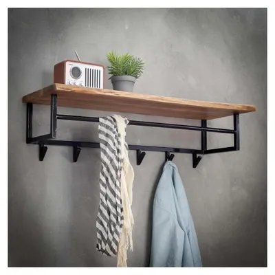 Produktbild von Wandgarderobe mit Ablage, Kleidergarderobe aus Holz und Metall, rustikales Wandregal im Industrial Style, stilvolle Garderobe für den Flur