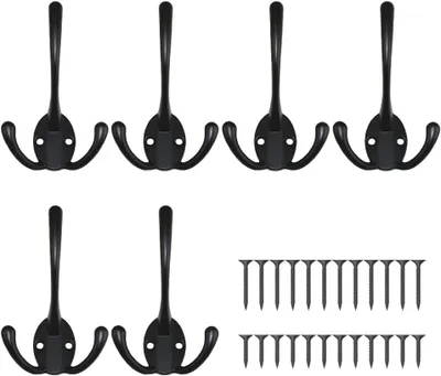 Produktbild von Garderobenhaken 6 Stueck, Wandmontage, Schwarzes Metall, Inklusive 24 Schrauben, Fuer Huete, Kleidung