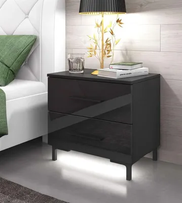 Image de Table de chevet LED haute brillance Tiroirs Table de chevet Commode Meuble ; Noir