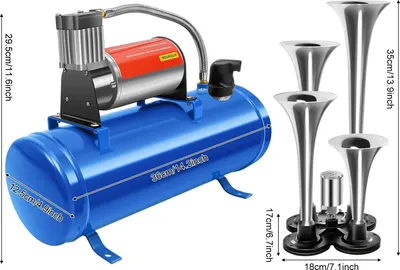 Immagine prodotto di Clacson ad aria compressa da 12V per auto, camion e pick-up - Kit completo con 4 clacson - Compressore con serbatoio da 6 litri - 150 PSI