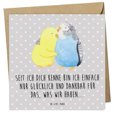 Produktbild von Mr. & Mrs. Panda Klappkarte Wellensittich Liebe - Grau Pastell - Geschenk, Verknallt, doppelkarte, anlasskarte, Freundin, faltkarte, Grußkarte, Umarmen, Glückwunschkarte
