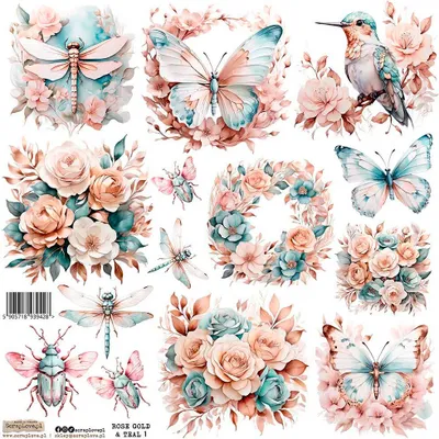 Produktbild von AUFKLEBER ScrapLove Dekor Stickers - Rose Gold & Teal 1 Schmetterlinge Libellen Blumen