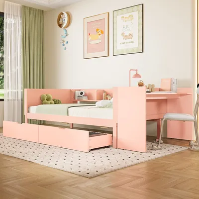 Produktbild von Odikalo Jugendbett Flachbett Schreibtisch 2 Schubladen Regalen Kiefer Rosa 90*200cm