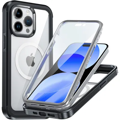 Obrázek produktu pro Pouzdro pro iPhone 15 Pro Max, kompatibilní s MagSafe, 360° celotělová ochrana s průhledným zadním krytem a ochrannou fólií na displej černé