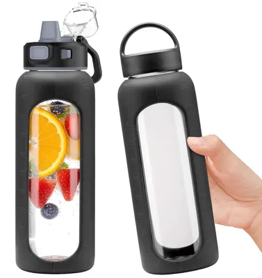 Image de Bouteille d'eau en verre de 900 ml avec 2 couvercles et marqueur de temps