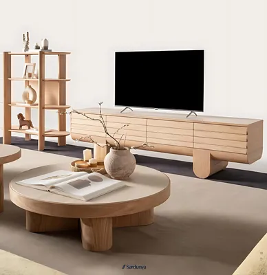 Zdjęcie produktu dla Drewniana szafka pod telewizor – funkcjonalna i elegancka do każdego domu