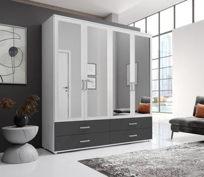 Produktbild von Kleiderschrank "Ivar" in Weiß Abs. Graphit mit 4 Schubladen und 4 Türen. Abmessungen (BxHxT) 180x190x51 cm