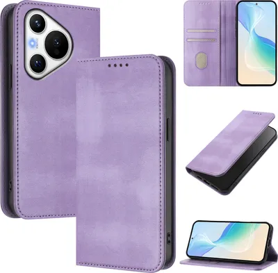 Obrázek produktu pro Pouzdro pro Huawei Pura 70, vintage kožené pouzdro s RFID ochranou, přihrádkami na karty, stojánkem Fialový