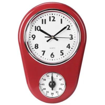 A red wall clock with a built-in timer, shown against a white background.