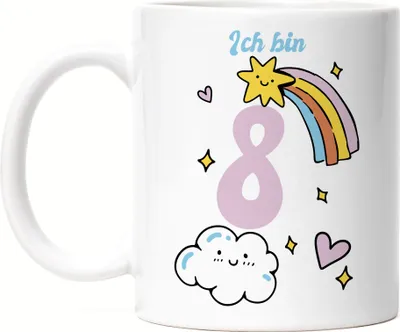 Produktbild von 8 Jahre alt Kindergeburtstag Tasse weiß süße Motive Kinder Milchkanne Happy Birthday Alles Liebe zum Geburtstag