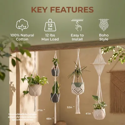 Produktbild von Macramé Pflanzenhänger Set, 4 Stück, Baumwollseil, Metallhaken, für Blumentöpfe bis 25 cm, Innen und Außen