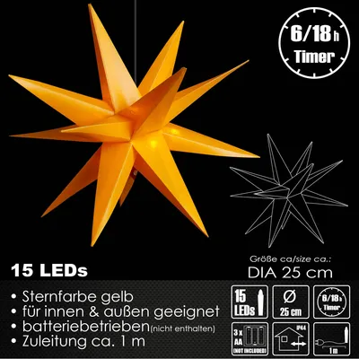 A yellow star-shaped LED light against a black background, with a wireframe outline of the star and informational text and icons.