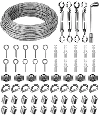 Image de Câble en acier inoxydable 304 de 3 mm, longueur 30 mètres,  comme câble de tension, avec œillets, pour systèmes de suspension de guirlandes lumineuses, cordes à linge et cordes pour rideaux