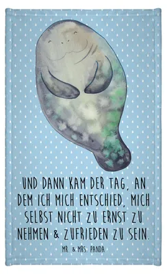 Produktbild von Mr. & Mrs. Panda Handtuch Seekuh Happy - Blau Pastell - Geschenk, gäste wc, Liebeskummer, Baumwollhandtuch, Meer, badezimmer, Freundin, Kleines, Achtsamkeit, Gästetuch