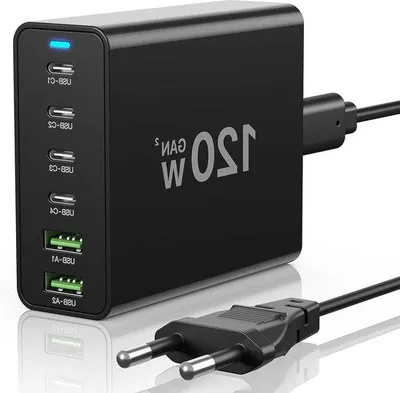 Obrázok produktu pre 120 W multiportová USB nabíjačka – PD nabíjačka – 6-portová nabíjacie stanica – pre tablety a notebooky