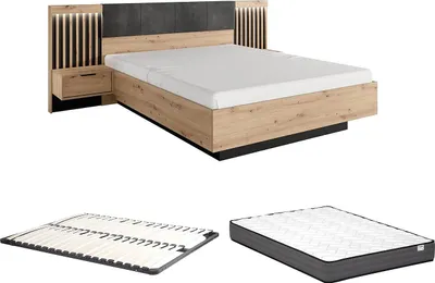 Produktbild von Bett mit Nachttischen & LED-Beleuchtung + Lattenrost + Matratze - 160 x 200 cm - Holzfarben & Schwarz - ARIADA