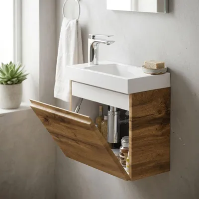 Produktbild von Quentis Gäste-WC Badmöbelset Faros 40 cm, Eiche Natur, Waschbecken mit Unterschrank, vormontiert