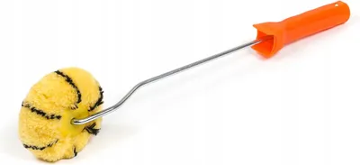 A paint roller with a yellow and black striped roller head and an orange handle, isolated on a white background.