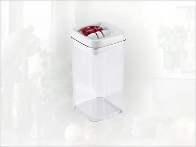 Imagen del producto de Recipiente hermético de 1200 ml, cuadrado, apilable y transparente, de color rojo
