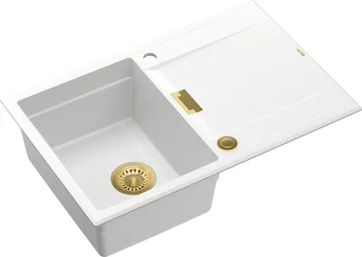 Produktbild von QUADRON Spülbecken 1-Becken Spüle | Größe: 76 x 50 x 21,5 cm | OWEN 111 | Küchenspüle Granitspüle aus GraniteQ mit Siphon | Weiß & Gold
