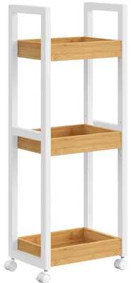 Immagine prodotto di Carrelli da bagno e da cucina - Carrello a 3 ripiani - Carrello da servizio stretto con rotelle - Metallo e bambù - 20x30x80 cm - bianco