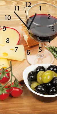 Produktbild von Wallario Design Wanduhr Genuss am Abend - Rotwein, Käseplatte, Oliven und Tomaten aus Echtglas, Größe 30 x 60 cm