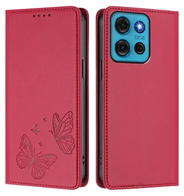 Produktbild von Lederhülle für Motorola Moto G75 5G, Schmetterling Prägung Leder Brieftasche Schutzhülle mit Ständer Rot